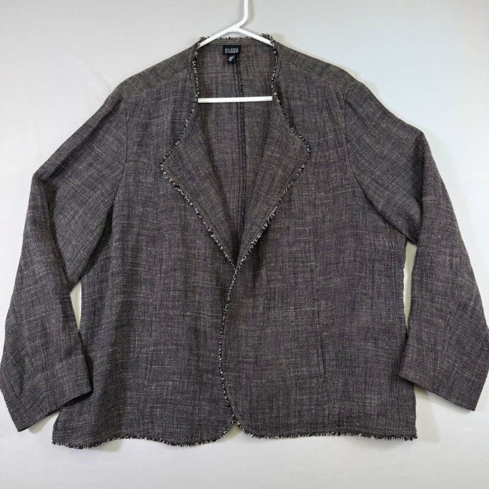Eileen Fisher Blazer Womens XL Gray Linen Rayon Blend Open Front Raw Fringe EUC